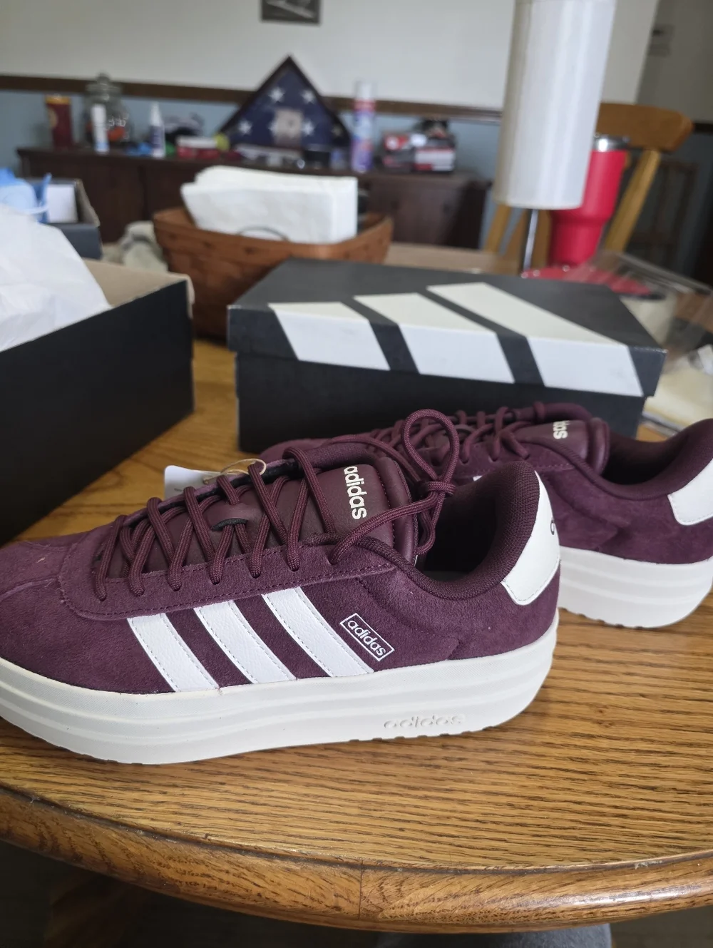 adidas VL Court Bold Size 7.5 Womens Maroon Suede Sneakers with White Stripes - Picture 4 of 8